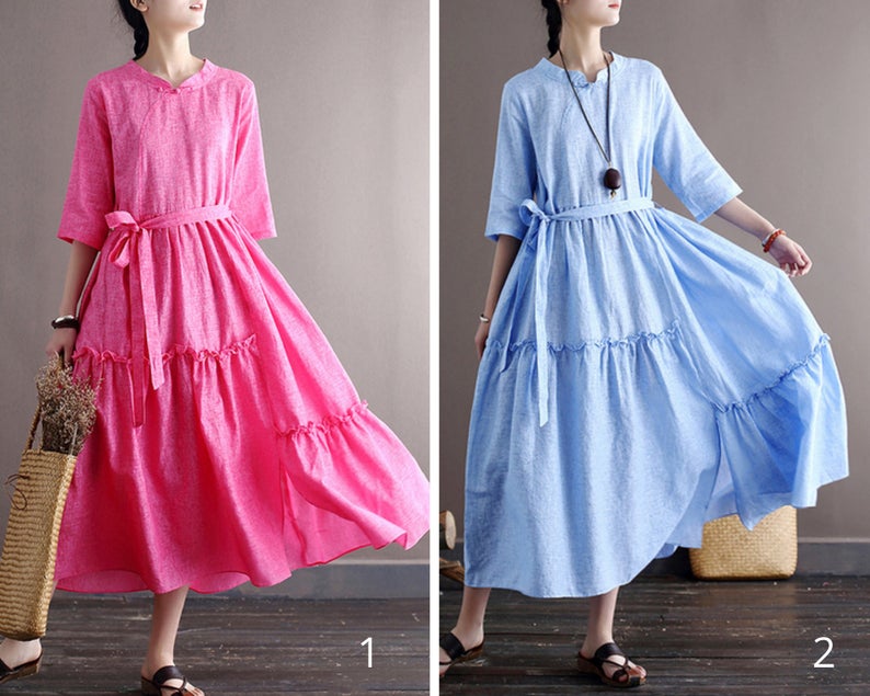 Pink Linen Cotton Midi Dress - Loose Fit with Stand-Up Collar C2281