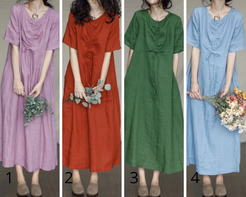 Green Linen Cotton Midi Dress - Drawstring Front, Loose Fit C2318