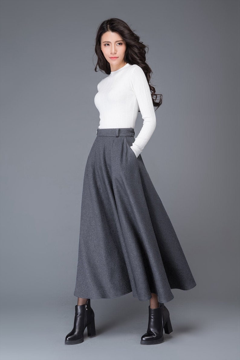 high waist A line wool maxi skirt C1006