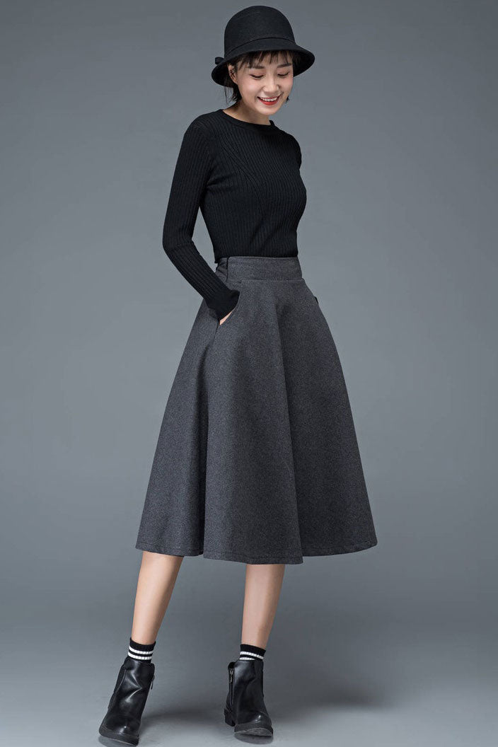 Women A-Line Midi Wool Skirt C1193