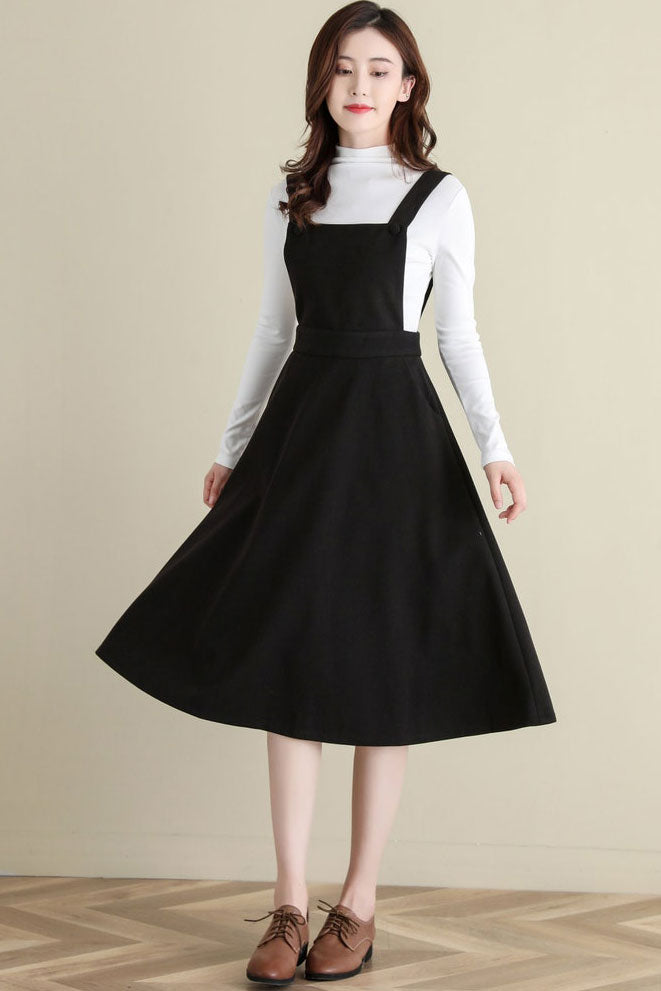 Black Wool Pinafore Dress, Midi wool dress C2516
