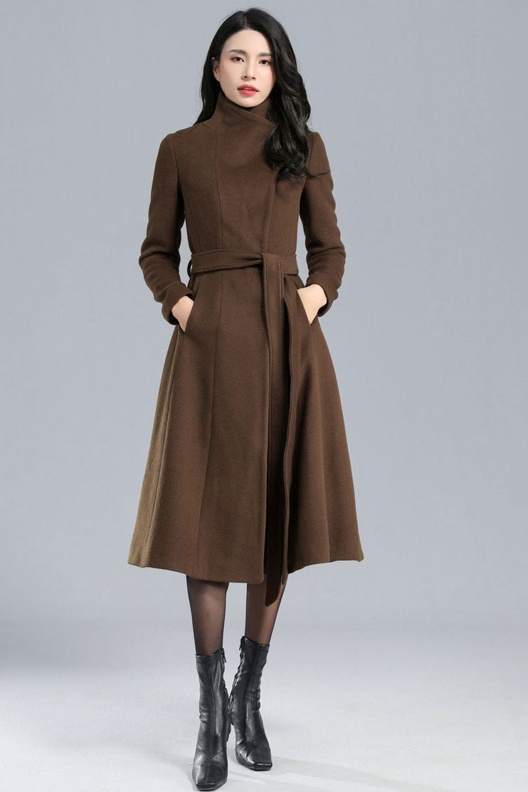 Long Navy Blue Wool Coat C2460#