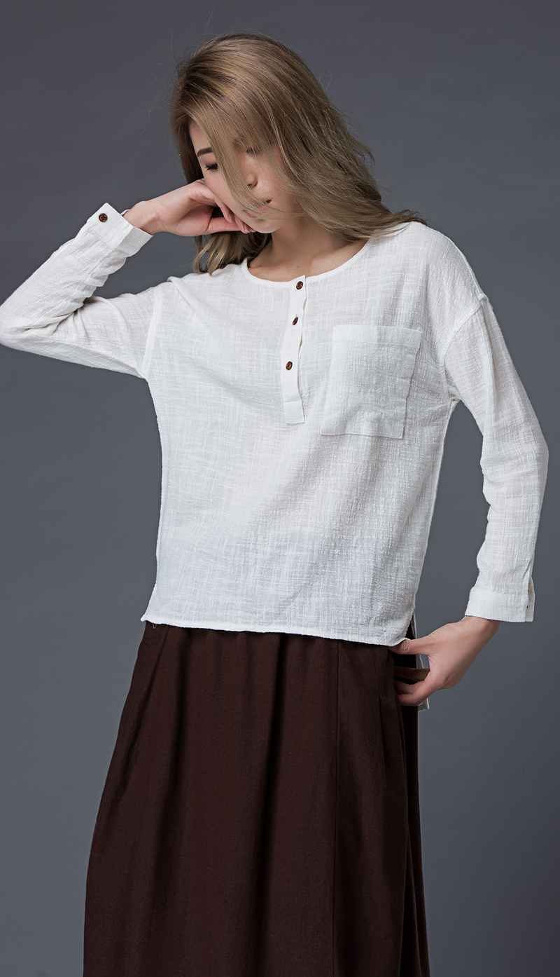 Linen crop top, linen top, white linen top, long sleeve top, white linen blouse, summer top, pocket top with long sleeves, loose top C859