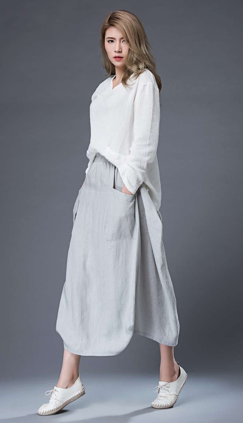 Modern Gray Skirt - Linen Casual Comfortable Everyday Trendy Contemporary Designer Women's Skirt C869