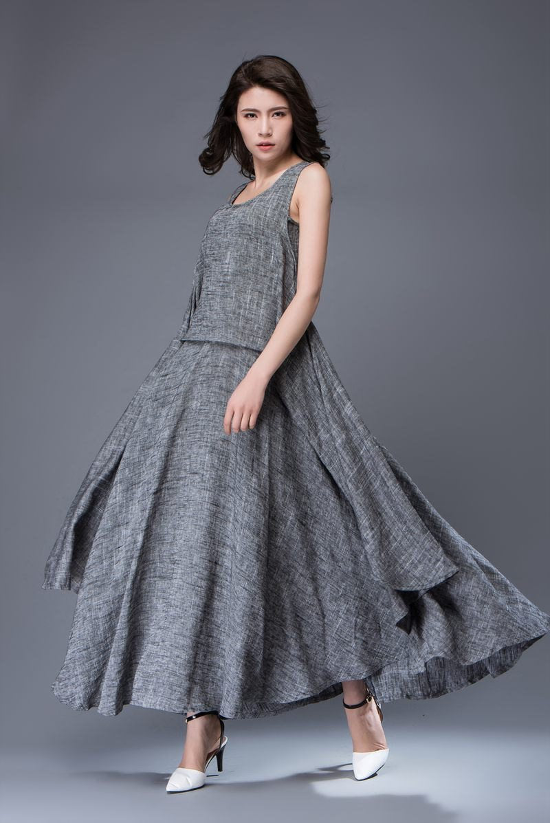 Gray Linen Dress - Layered Flowing Elegant Long Sleeve Long Summer Dress with Scoop Neck Handmade Clothing C881