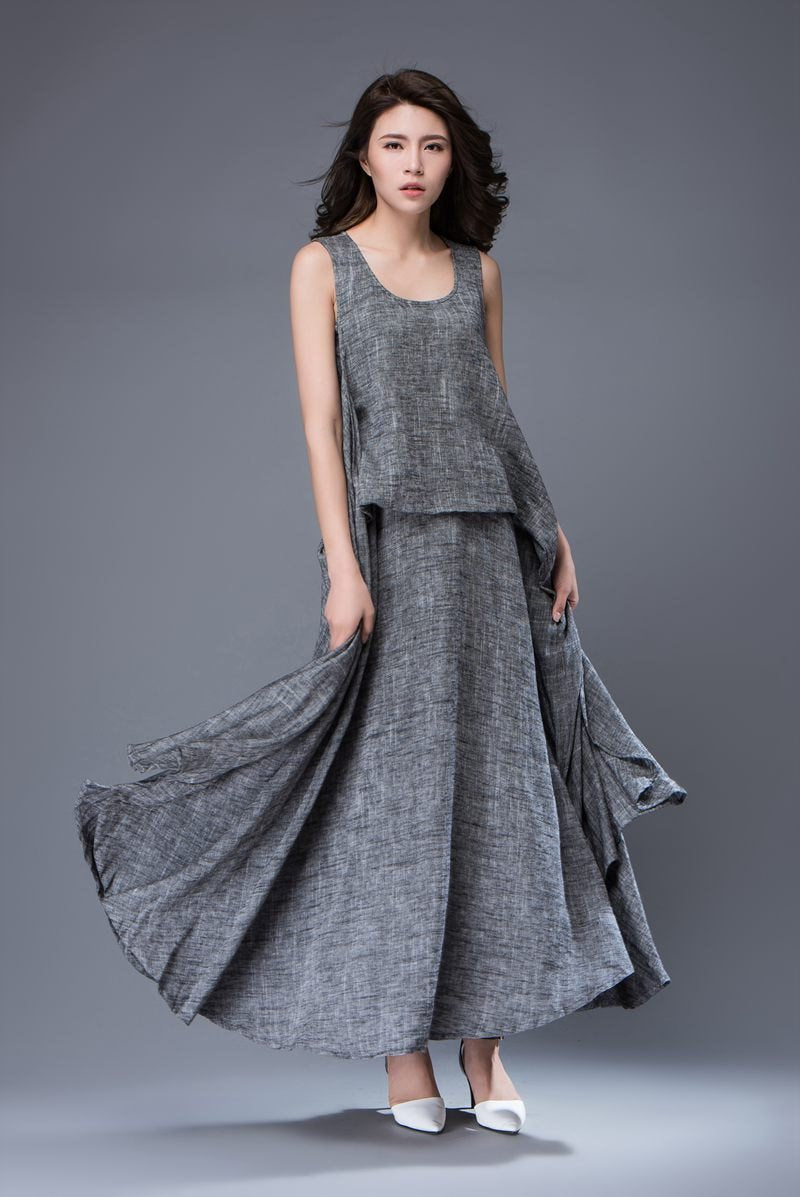 Gray Linen Dress - Layered Flowing Elegant Long Sleeve Long Summer Dress with Scoop Neck Handmade Clothing C881