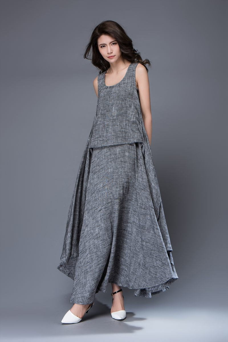 Gray Linen Dress - Layered Flowing Elegant Long Sleeve Long Summer Dress with Scoop Neck Handmade Clothing C881
