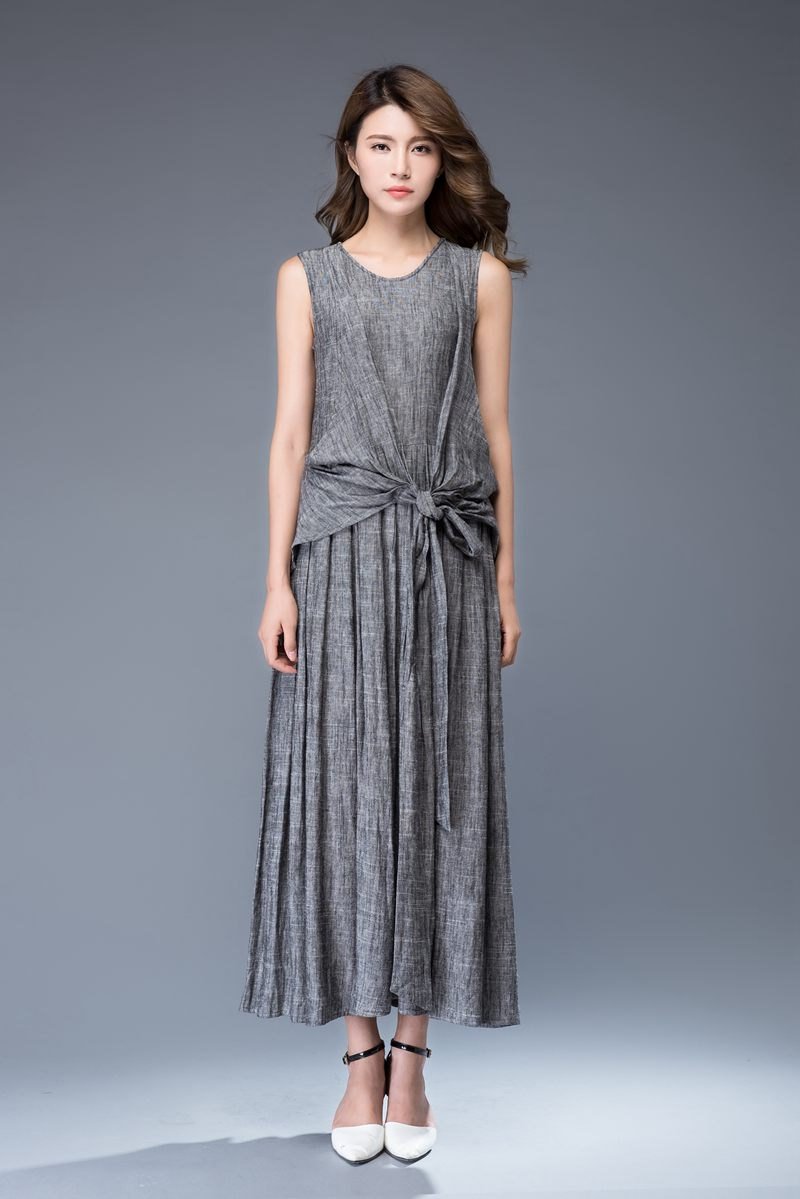 linen dress, gray dress, maxi dress, womens dresses, dress, long dress for women, sleeveless dress, linen dress woman, gray dressy tops C934