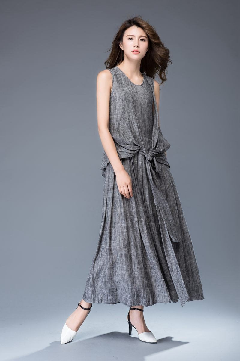 linen dress, gray dress, maxi dress, womens dresses, dress, long dress for women, sleeveless dress, linen dress woman, gray dressy tops C934