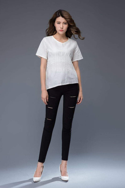 White Linen Top - Asymmetrical Hem V-Neck Blouse C948