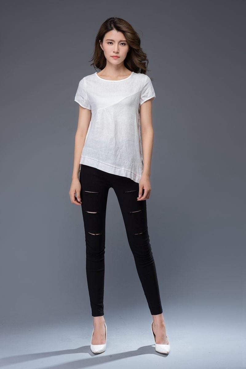 White linen T-shirt, irregular T-shirt, round neck ,loose fit T- Shirt, casual women T-shirt C949