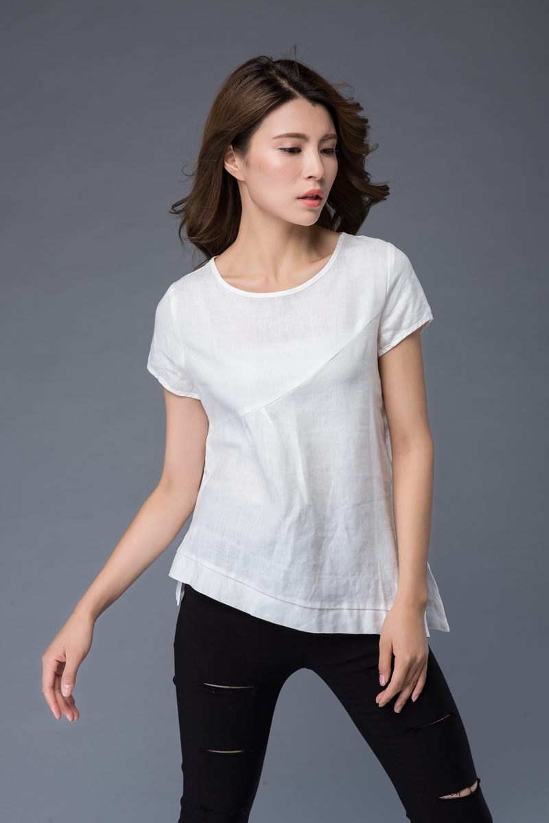White linen T-shirt, irregular T-shirt, round neck ,loose fit T- Shirt, casual women T-shirt C949
