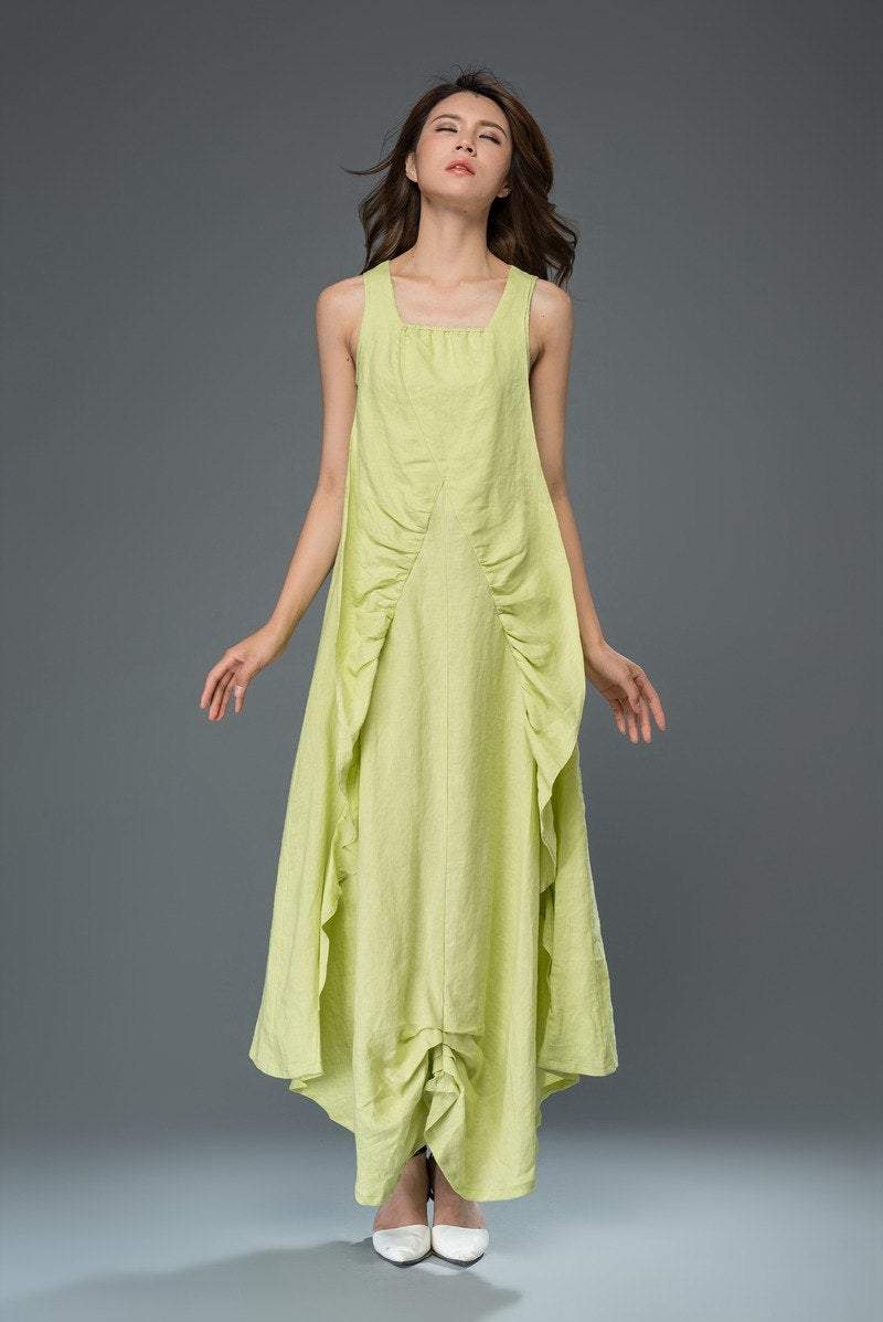 lime green linen dress, linen dress, long linen dress, maxi dress, sleeveless dress, womens dress C920