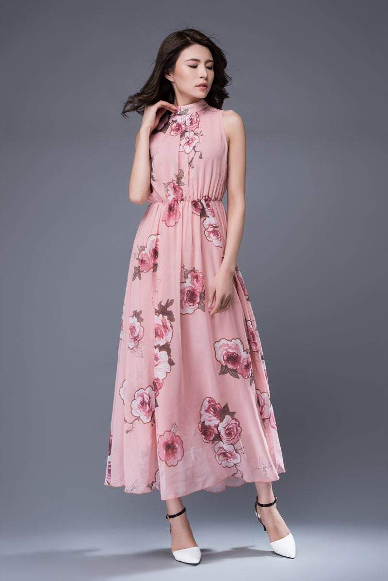Pink print chiffon dress, bridesmaid chiffon dress, flower chiffon dress, romantic dress, womens dress, wedding dress, sleeveless dress C875