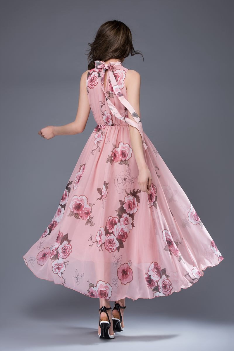 Pink print chiffon dress, bridesmaid chiffon dress, flower chiffon dress, romantic dress, womens dress, wedding dress, sleeveless dress C875