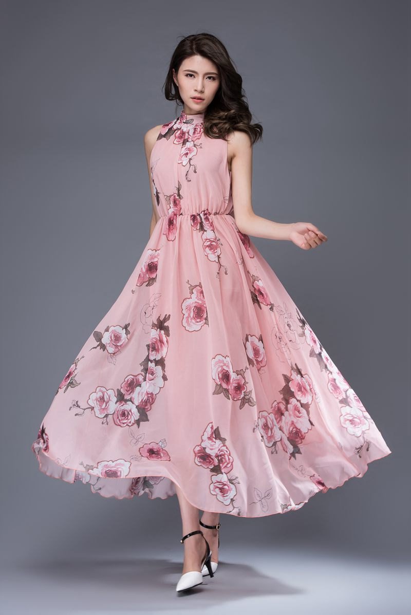 Pink print chiffon dress, bridesmaid chiffon dress, flower chiffon dress, romantic dress, womens dress, wedding dress, sleeveless dress C875