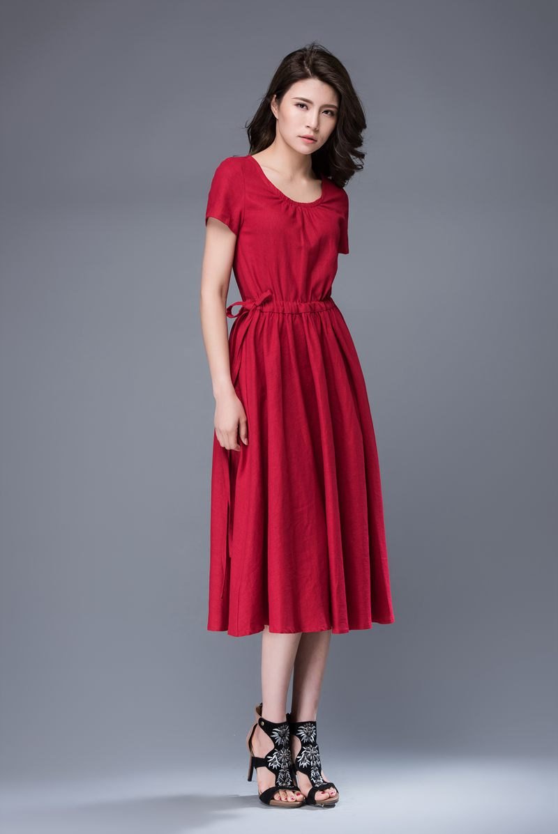 Red dress, scoop neck dress, linen dress, midi dress, drawstring dress, everyday dress, elegant dress, summer dress, pleated dress C887