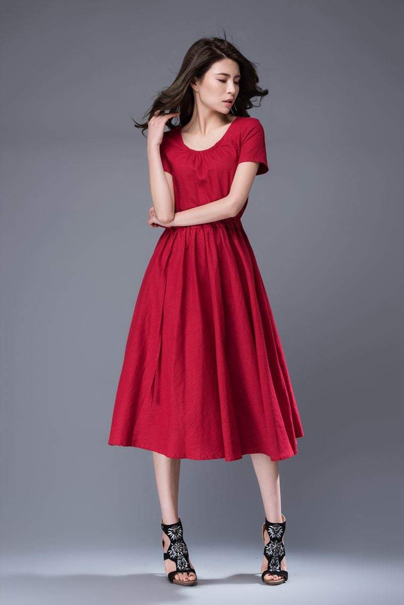 Red dress, scoop neck dress, linen dress, midi dress, drawstring dress, everyday dress, elegant dress, summer dress, pleated dress C887