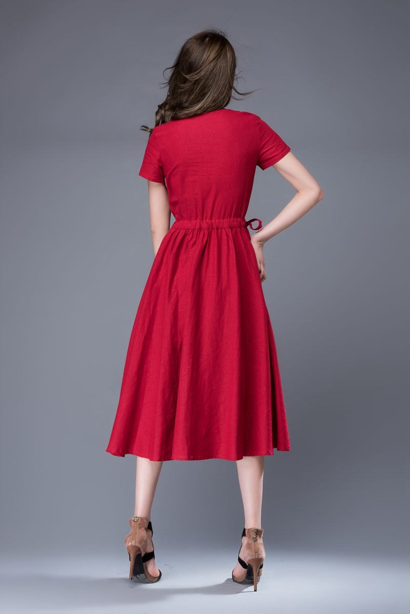 Red dress, scoop neck dress, linen dress, midi dress, drawstring dress, everyday dress, elegant dress, summer dress, pleated dress C887