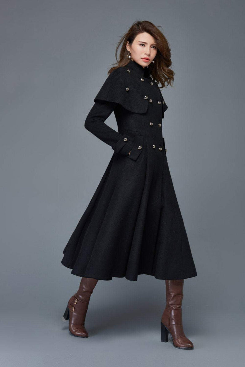 Women's Black Capelet Wool Coat C957#