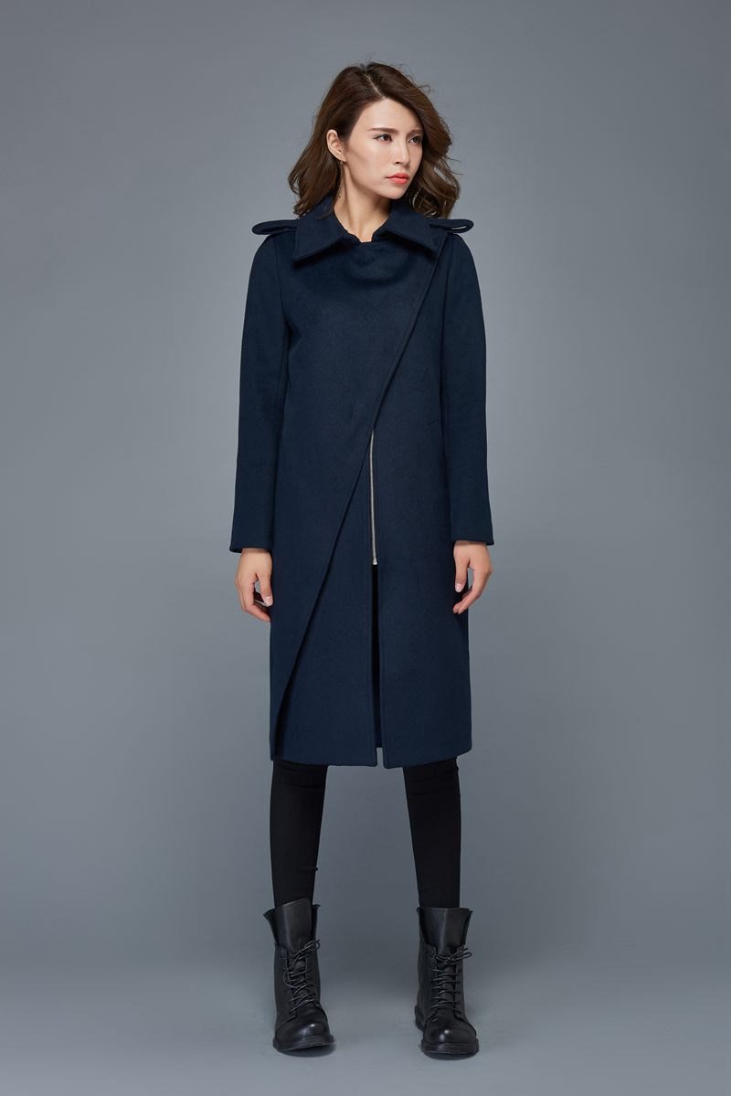 Winter coats for women, navy blue wool coat, mid length coat, unique coat, warm jacket, womens coats, zipper coat, custom jackets C973