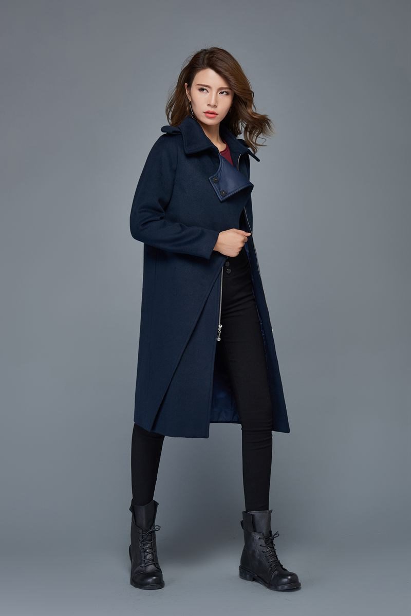 Winter coats for women, navy blue wool coat, mid length coat, unique coat, warm jacket, womens coats, zipper coat, custom jackets C973