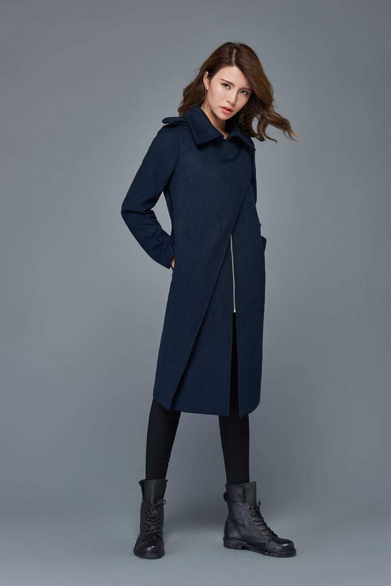 Winter coats for women, navy blue wool coat, mid length coat, unique coat, warm jacket, womens coats, zipper coat, custom jackets C973