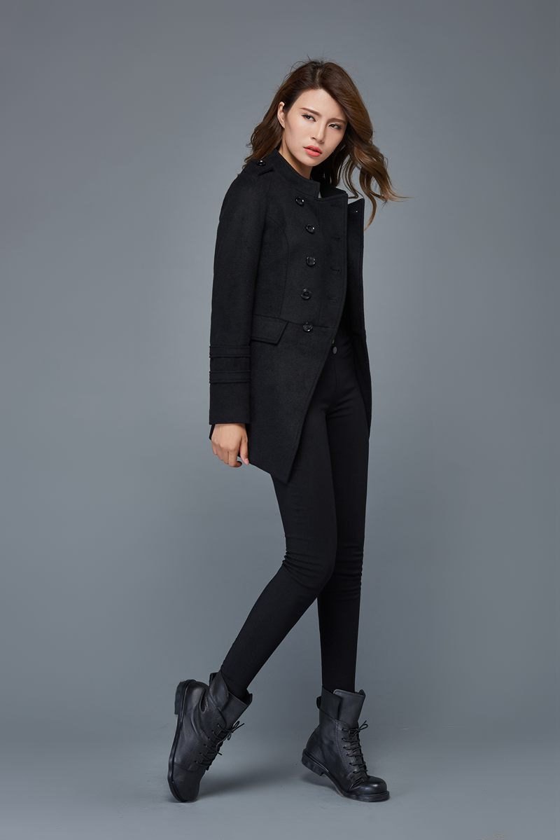 Warm coat, wool coat, black coat, winter jackets, double breasted coat, short coats, womens jackets, wool jacket, mandarin collar coat C977