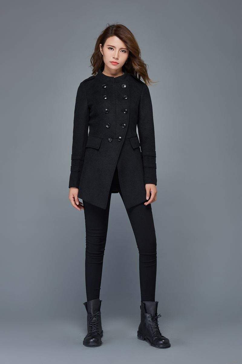 Warm coat, wool coat, black coat, winter jackets, double breasted coat, short coats, womens jackets, wool jacket, mandarin collar coat C977