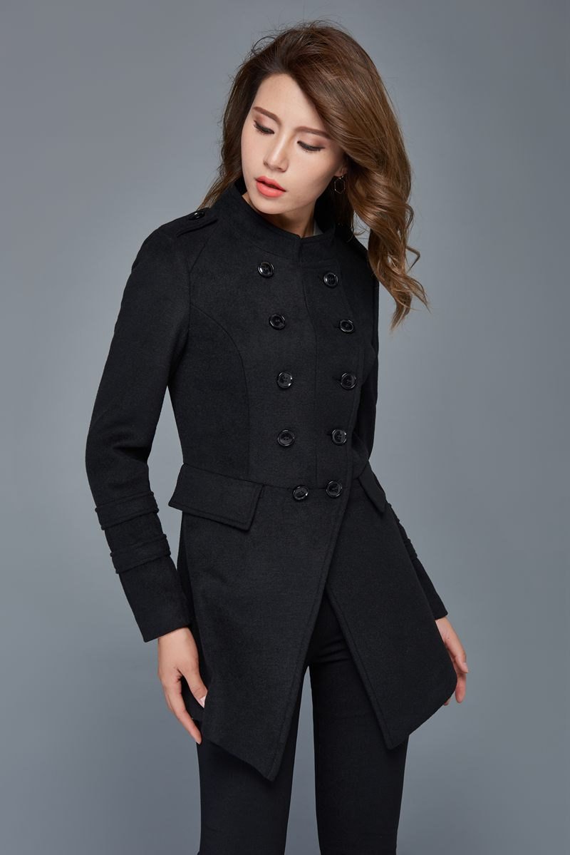 Warm coat, wool coat, black coat, winter jackets, double breasted coat, short coats, womens jackets, wool jacket, mandarin collar coat C977