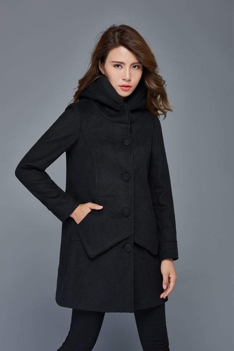Wool coat, black coat, womens jacket, winter coat, coat, jacket, midi coat, hooded coat, womens jacket, mini jacket C978