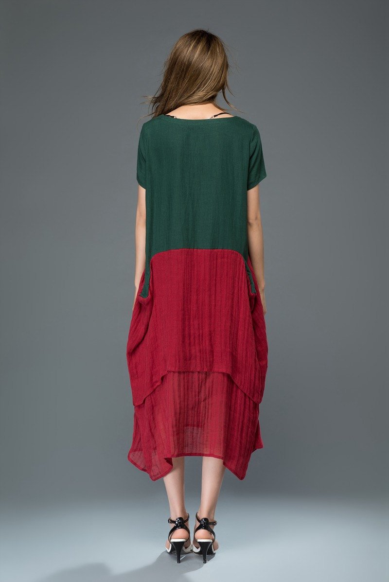 Asymmetrical block color plus size linen dress C924