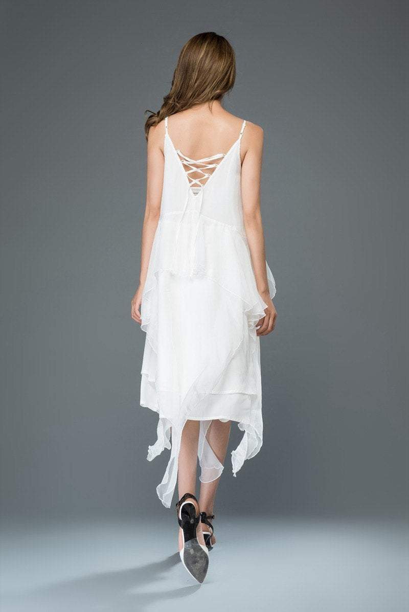 White Chiffon Flare Wedding V Neck Dress C904
