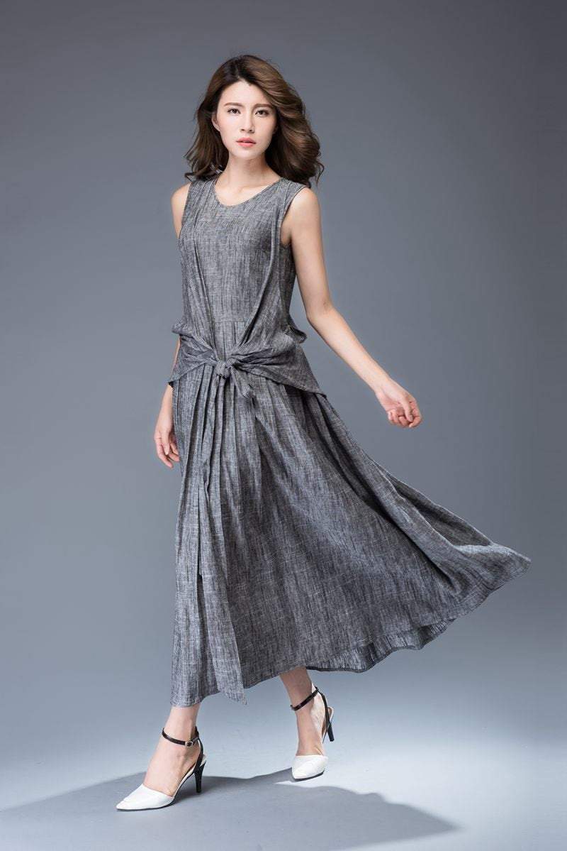 linen dress, gray dress, maxi dress, womens dresses, dress, long dress for women, sleeveless dress, linen dress woman, gray dressy tops C934