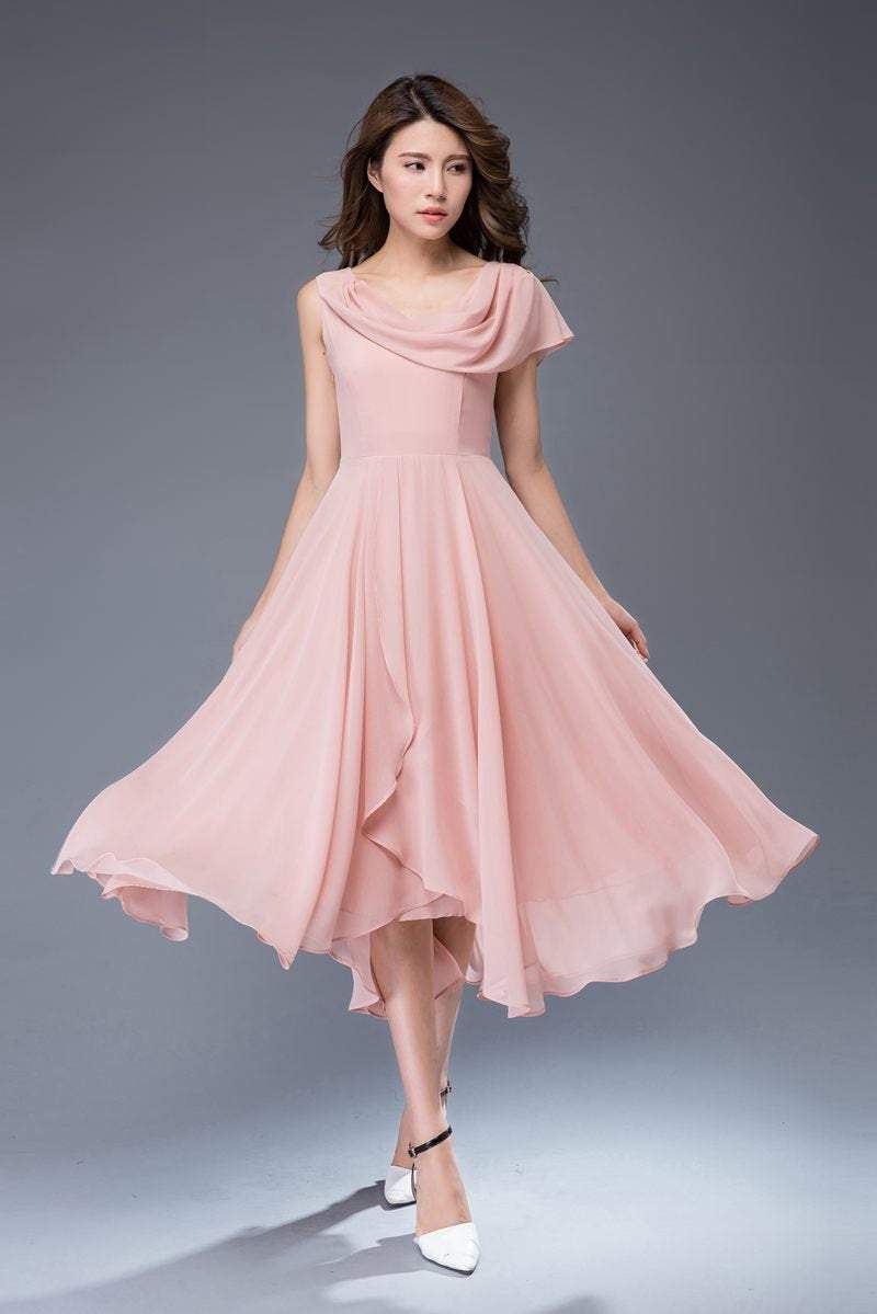 Pink bridemaid prom chiffon dress women C4863