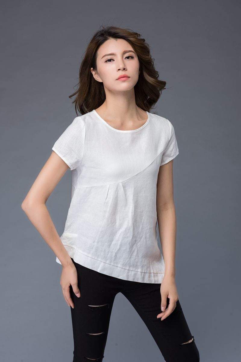 White linen T-shirt, irregular T-shirt, round neck ,loose fit T- Shirt, casual women T-shirt C949