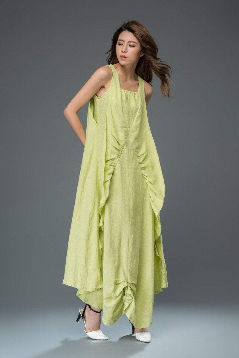 lime green linen dress, linen dress, long linen dress, maxi dress, sleeveless dress, womens dress C920