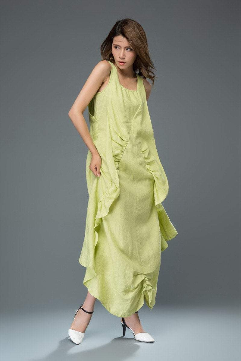 lime green linen dress, linen dress, long linen dress, maxi dress, sleeveless dress, womens dress C920