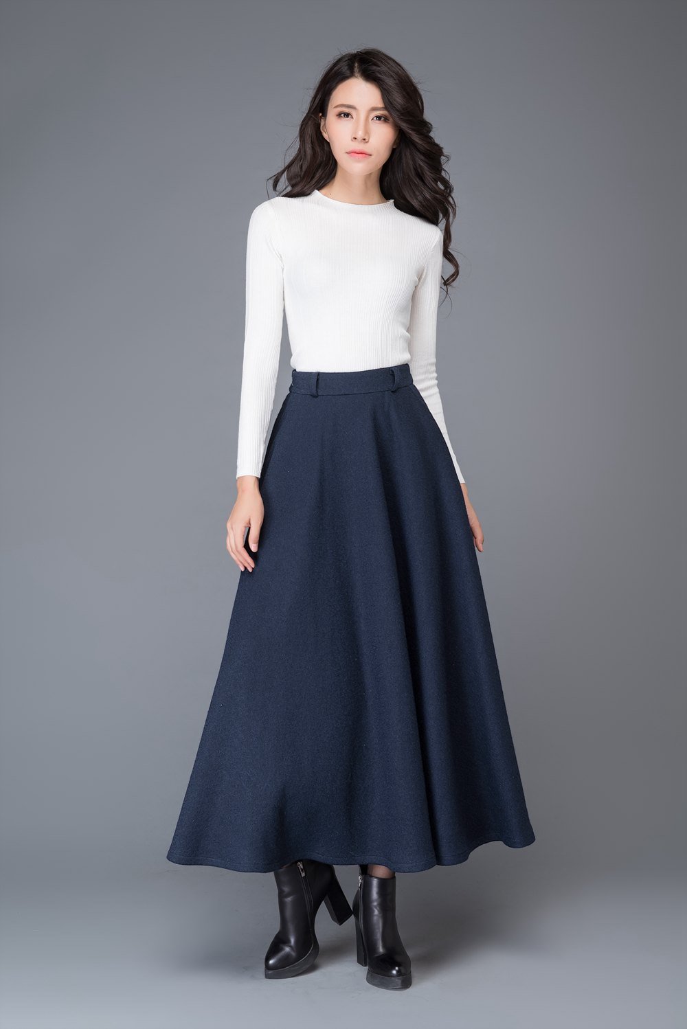 high waist A line wool maxi skirt C1006