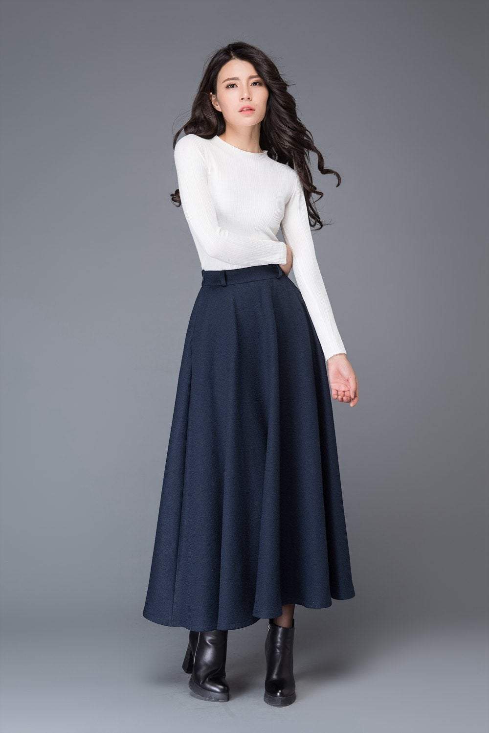 high waist A line wool maxi skirt C1006
