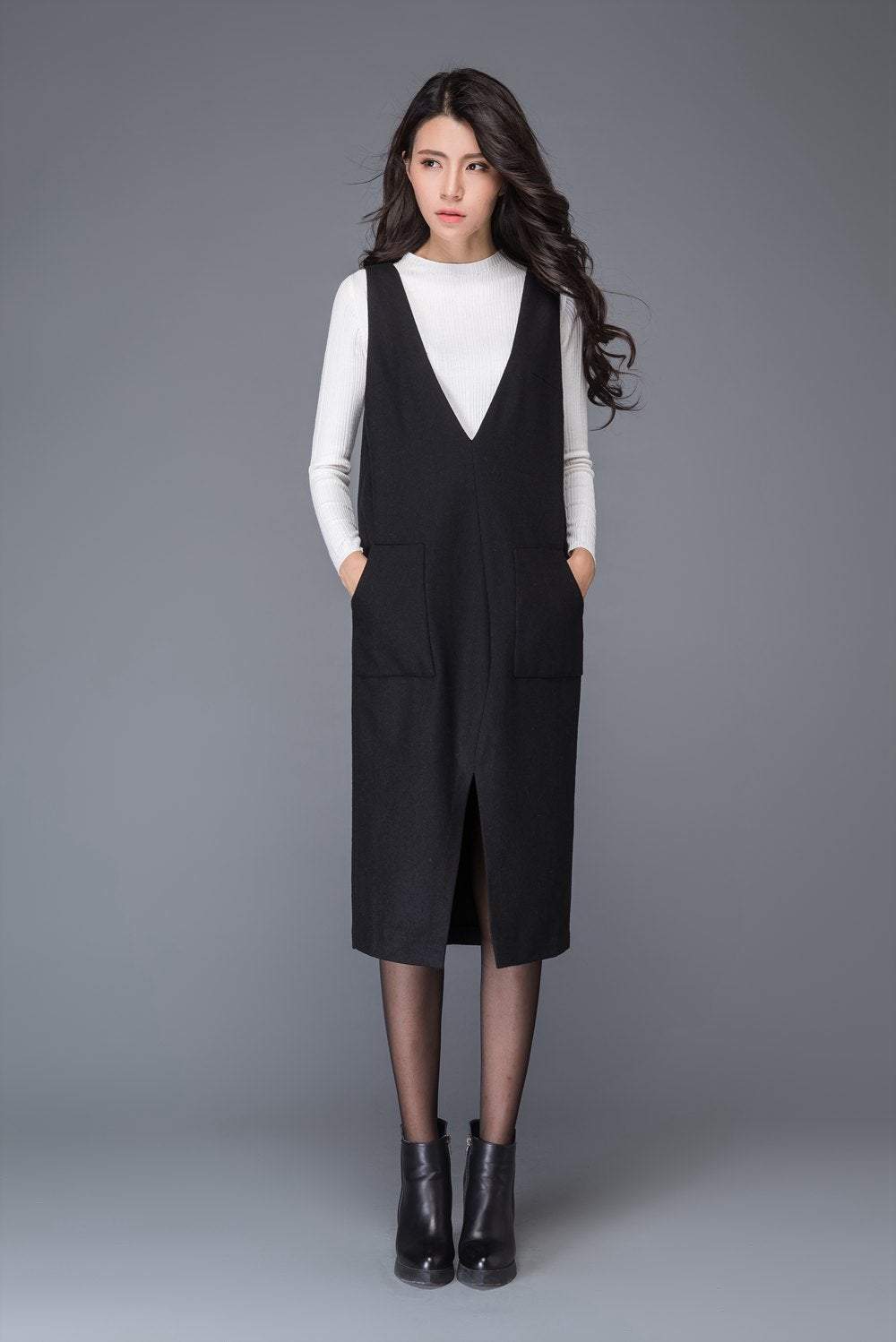 Black wool dress, strap dress, big V neck dress, winter dress, split dress, midi dress, women dresses, maxi dress, sleeveless dress C1009