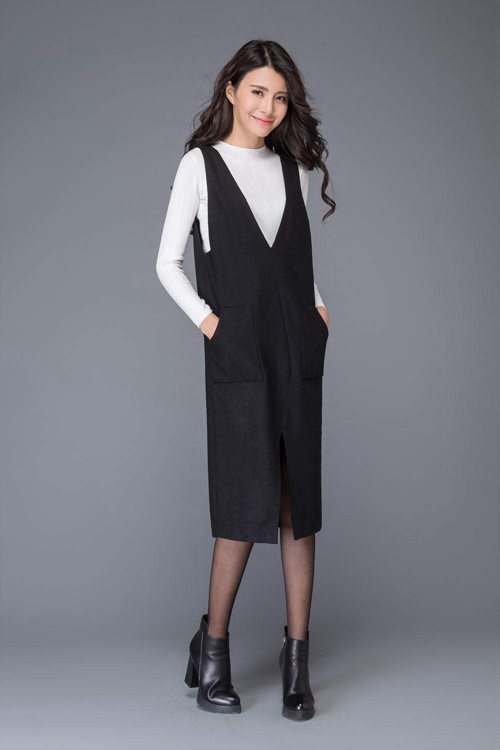 Black wool dress, strap dress, big V neck dress, winter dress, split dress, midi dress, women dresses, maxi dress, sleeveless dress C1009