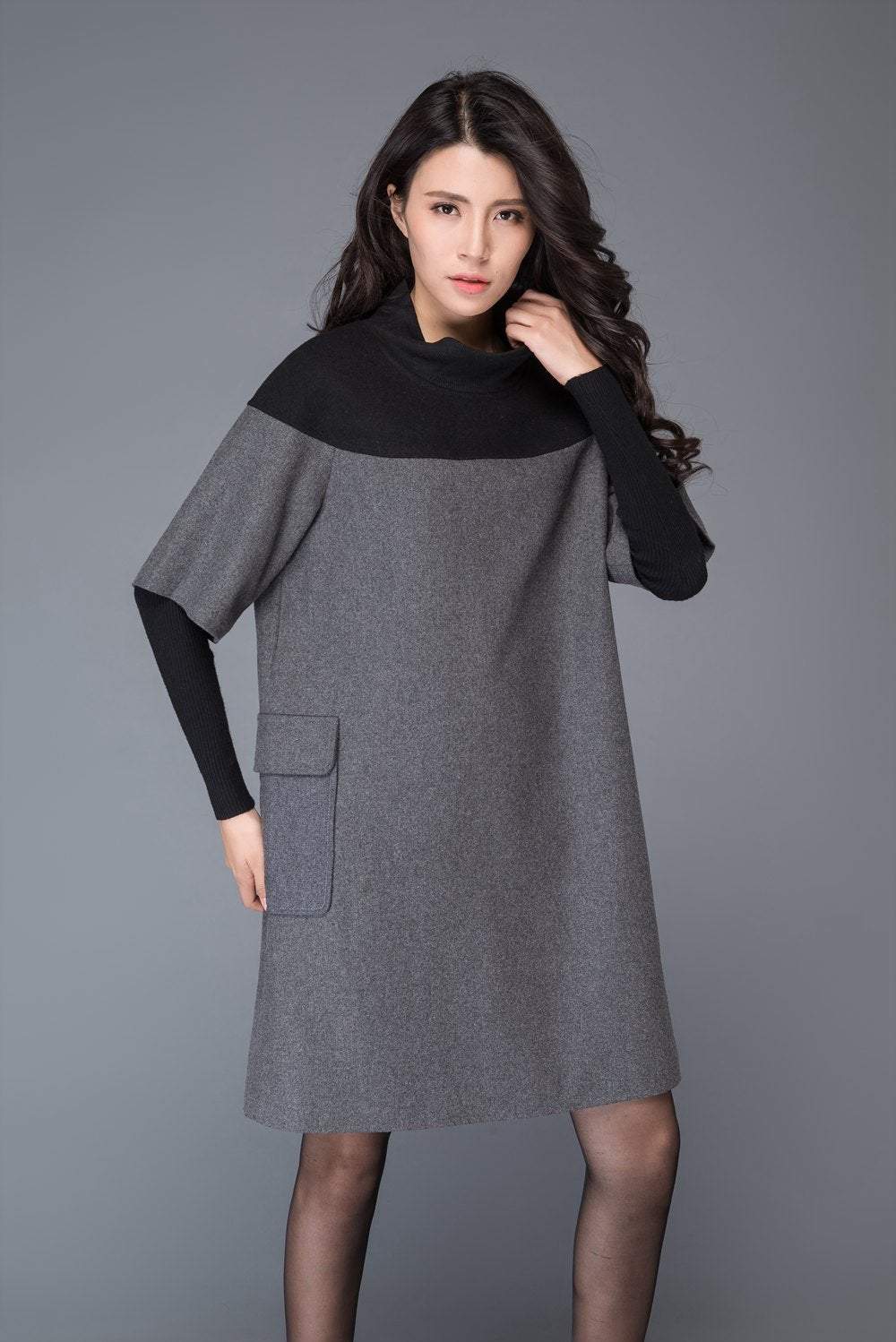Wool patch work tunic dress for winter C1012