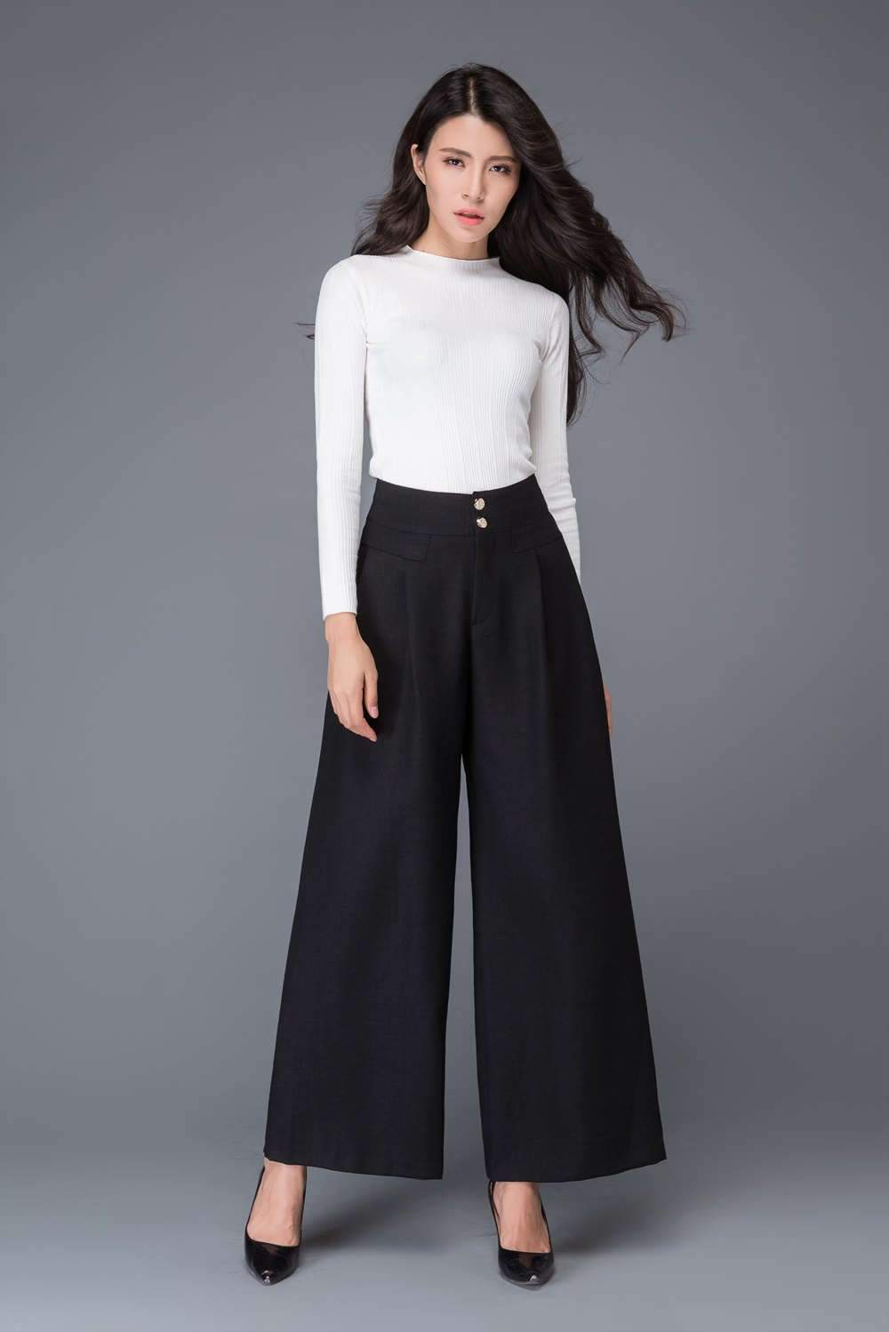 Long black winter wool pants with pockets C1014