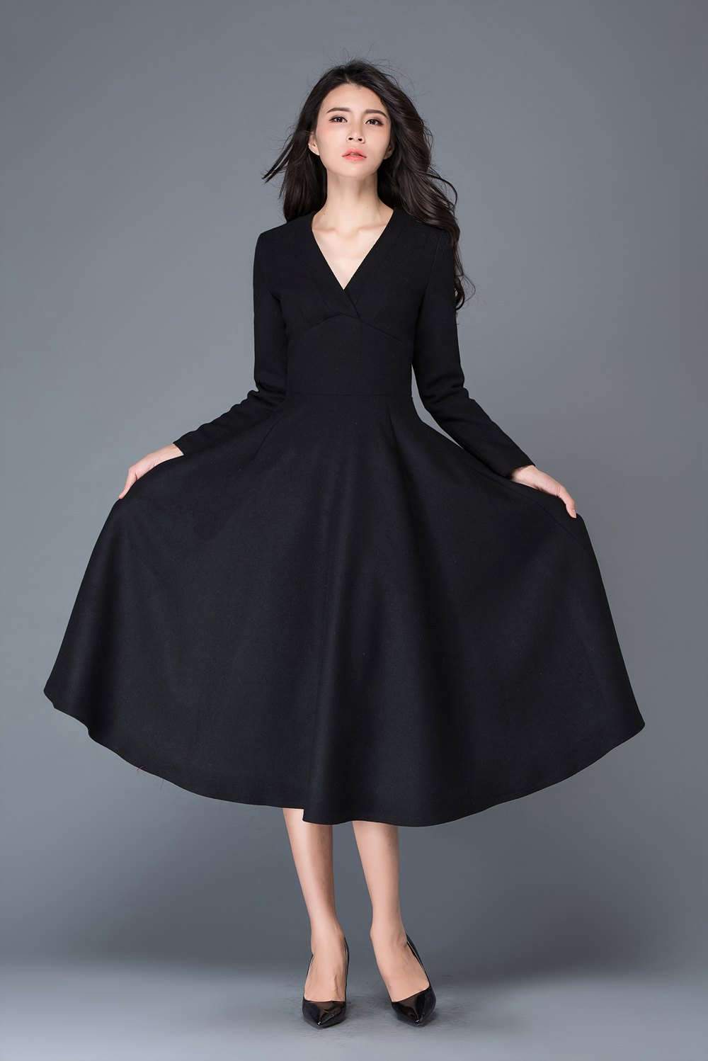 Wool dress, winter dress, black dress C1027