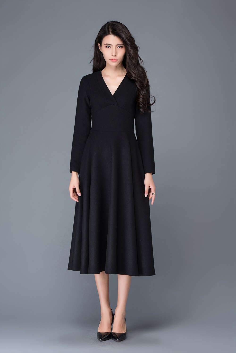 Wool dress, winter dress, black dress C1027
