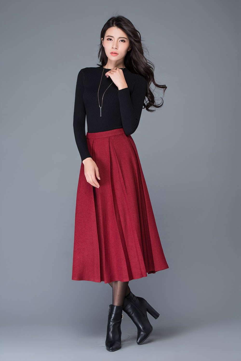 High waist A Line Pleated wool skirt in red C1032