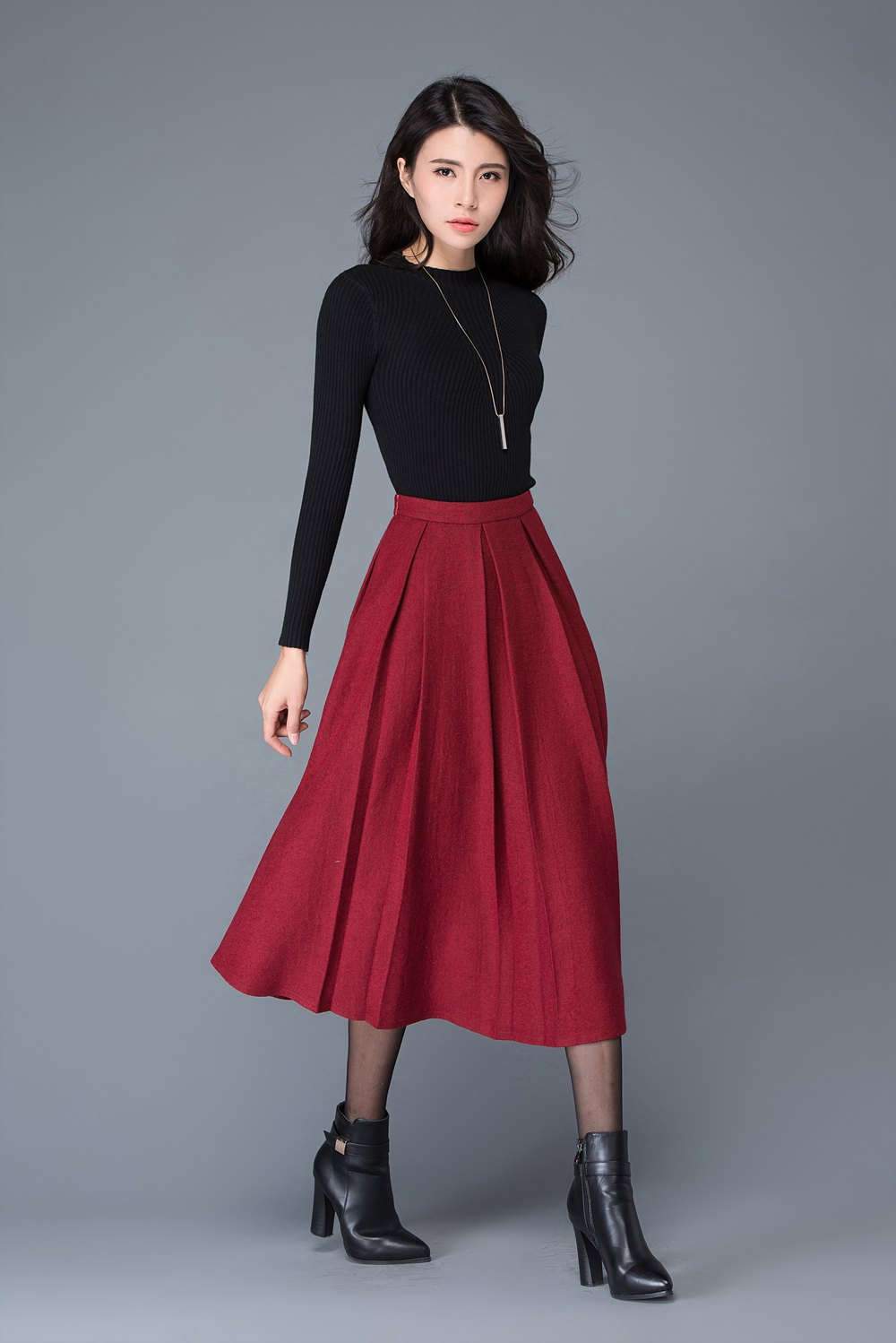 High waist A Line Pleated wool skirt in red C1032