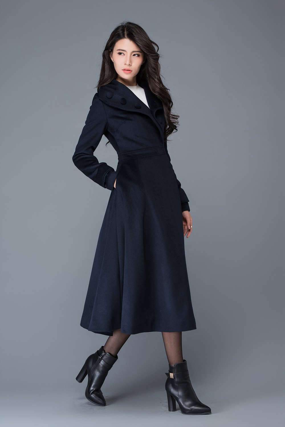 navy blue Midi wool swing coat C1021