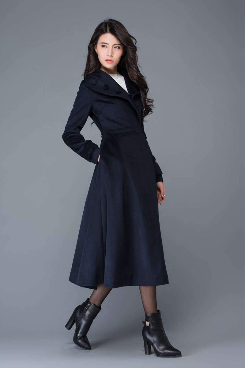 Long Navy Blue Wool Coat C1021#